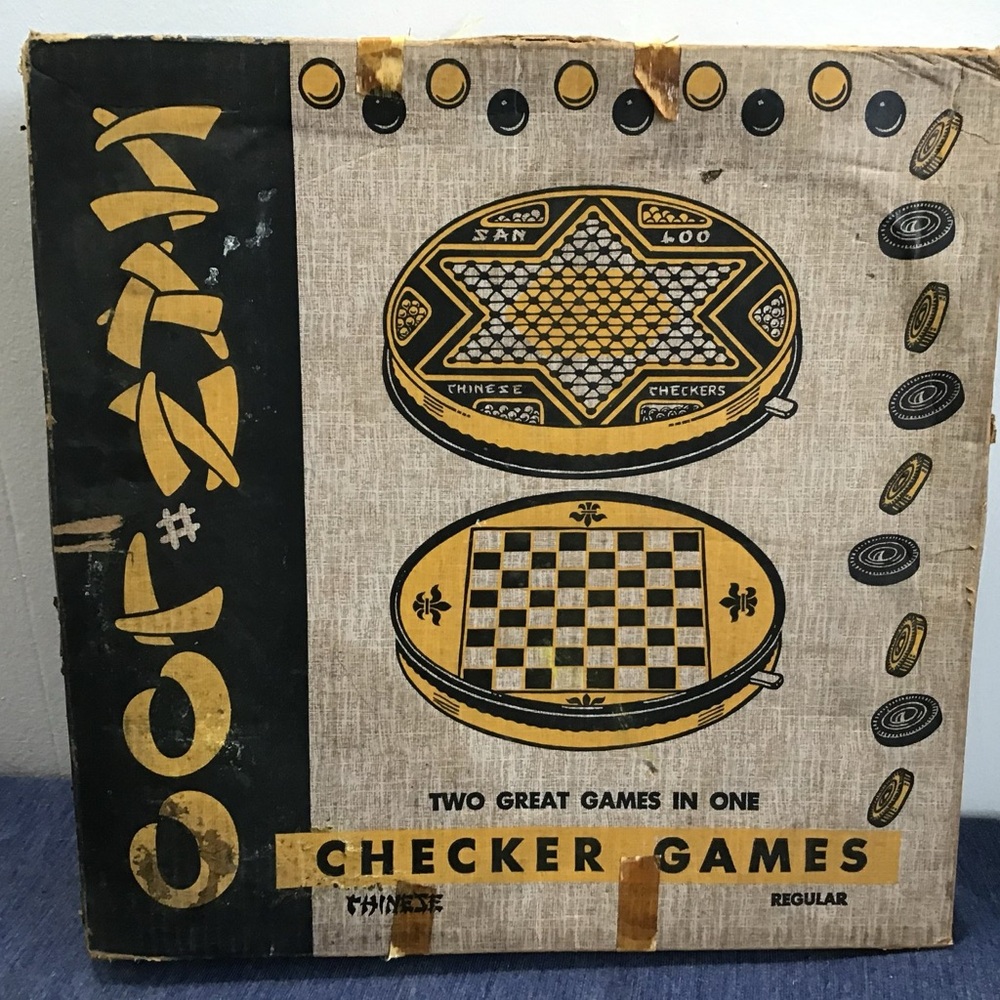 Vintage 1953 Tin Metal Lithograph San Loo Chinese Checkers Original Box & Pieces